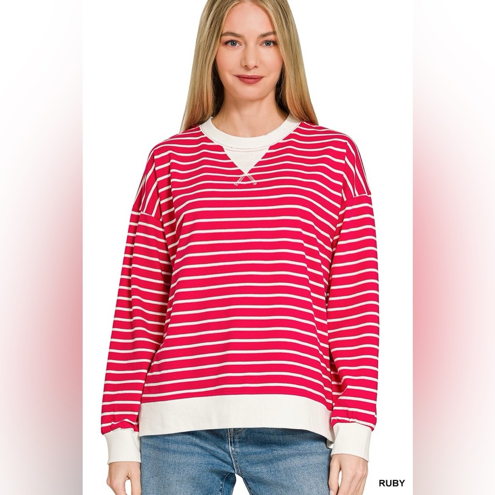 Zenana Contrast Striped Round Neck Sweatshirt